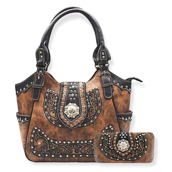 Western Style Rhinestone Concho Concealed Carry Purse Country Handbag - Picture 2 of 7